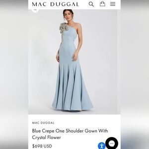 Mac Duggal Light Blue One Shoulder Dress with Crystal Flower Detail